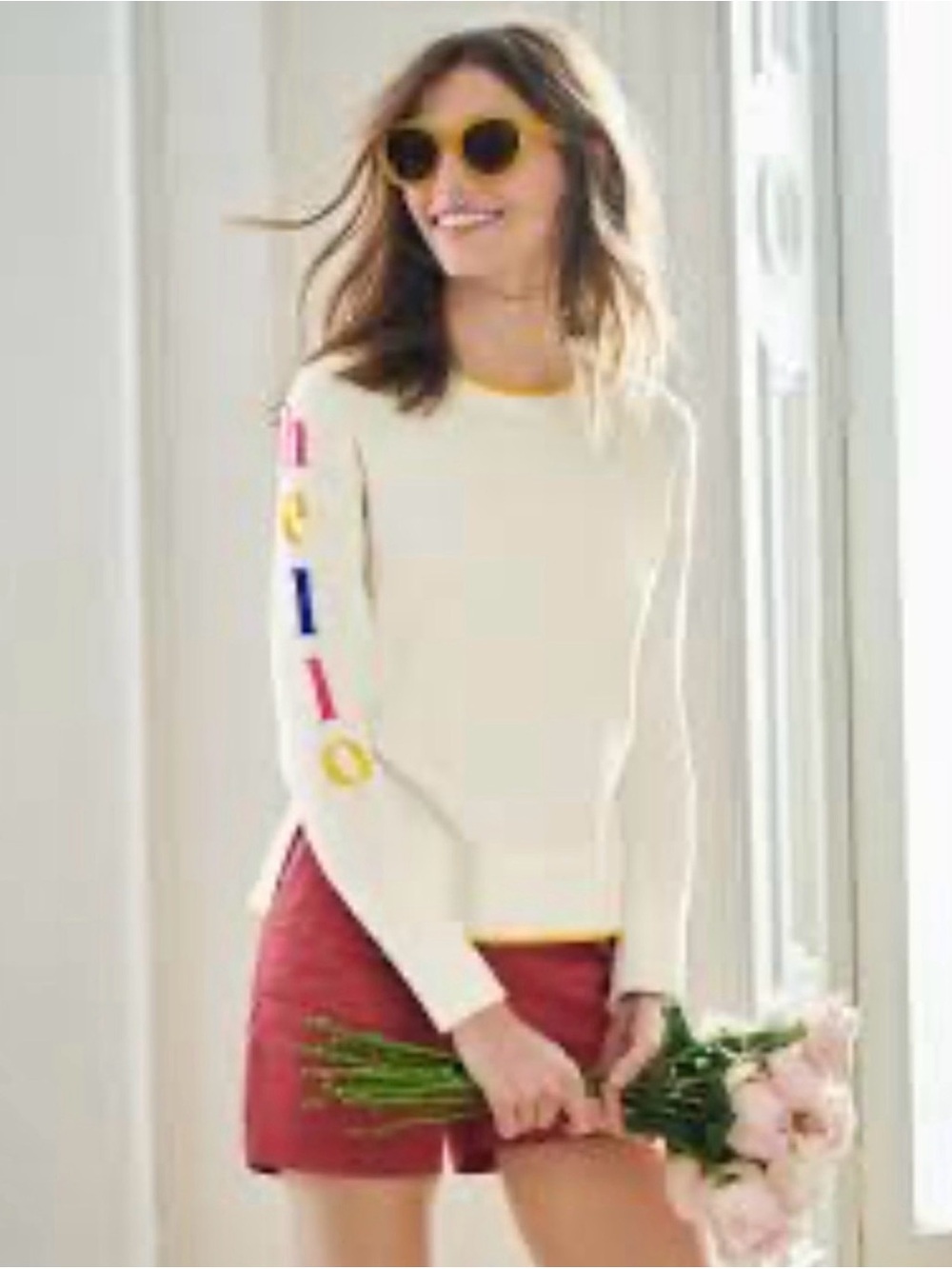 Boden Cream Crewneck Sweater with Multicolor Sleeve Letters - M